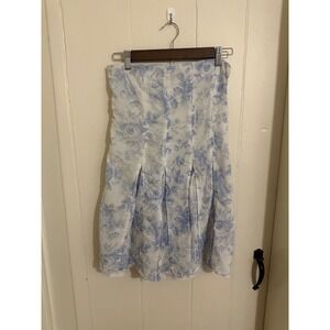 Sky to Moon Blue White Floral Toile Strapless Mini Dress Pleated Skirt Womens M